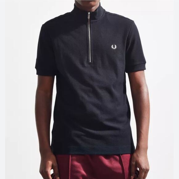 Fred Perry Funnel Neck Pique Polo Shirt Black Half Zip Neck Size XL Short Sleeve - Picture 2 of 9